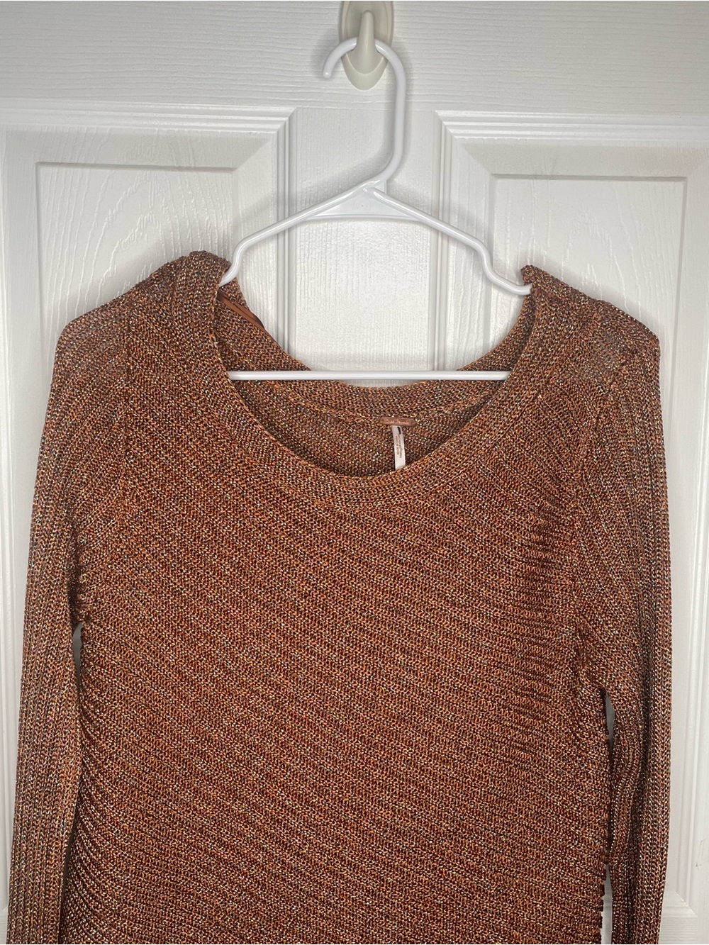 Free People Logan Metallic Knit Asymmetrical Sweater Holiday in Copper/Brown L - Picture 5 of 15